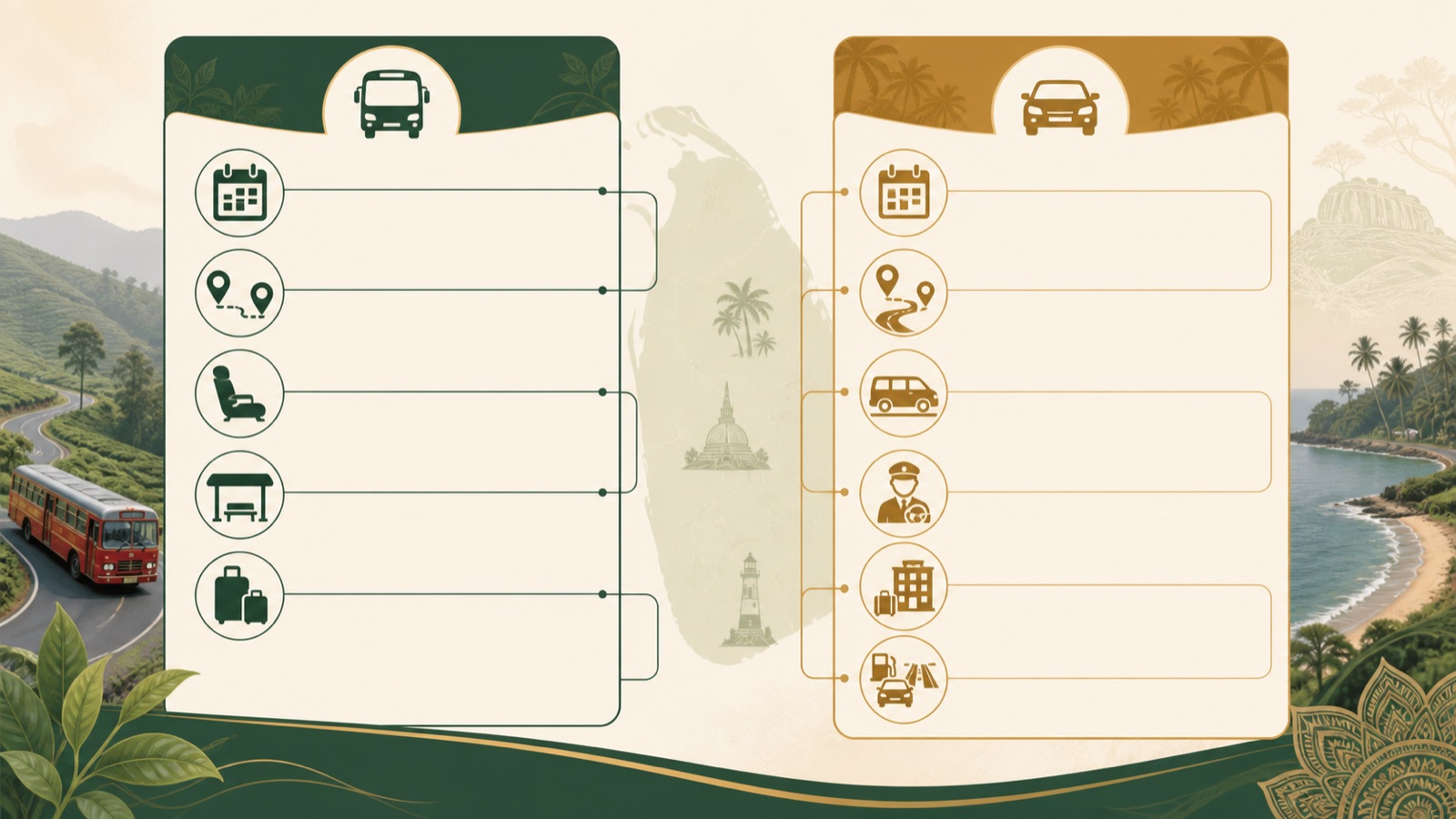 バス予約と車の見積もりを同じ旅程表で並べ、含まれる範囲を確認します。
