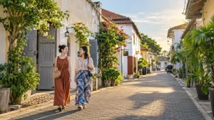ゴール旧市街を歩く女性旅行者のイメージ（生成画像）
