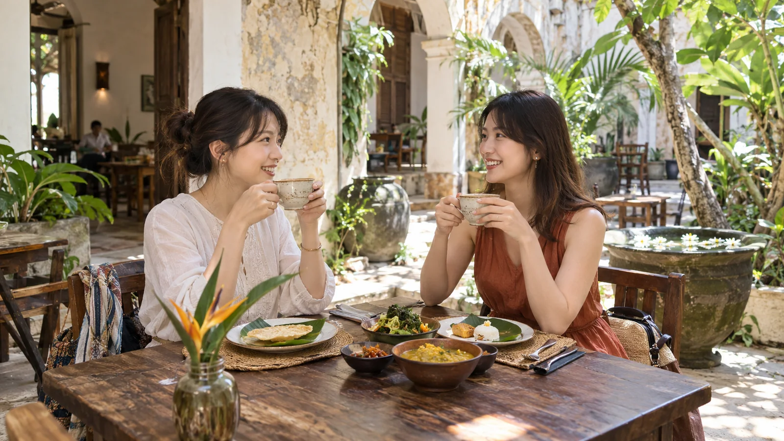 ゴールの中庭で紅茶と食事を楽しむ旅をイメージした生成画像