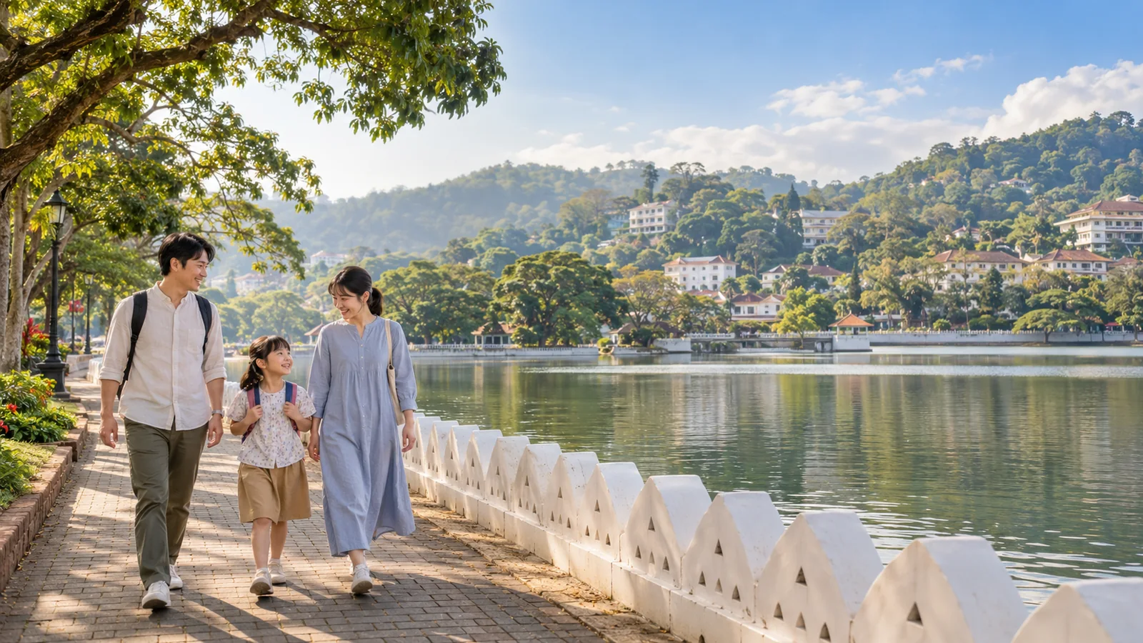 キャンディ湖畔を子どもと歩く家族旅行のイメージ(生成画像)