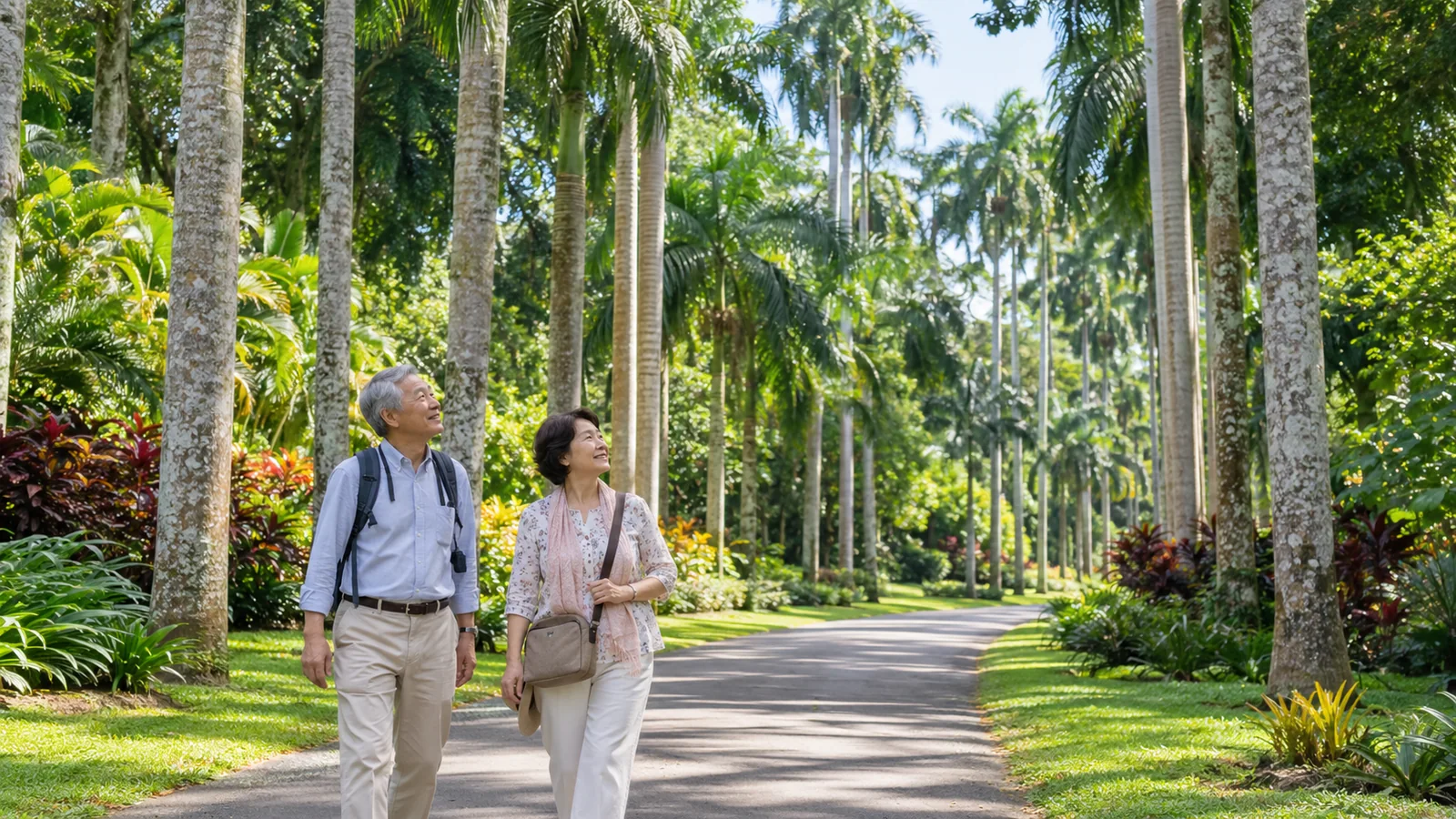 スリランカの植物園をゆっくり歩くシニア旅行のイメージ（生成画像）