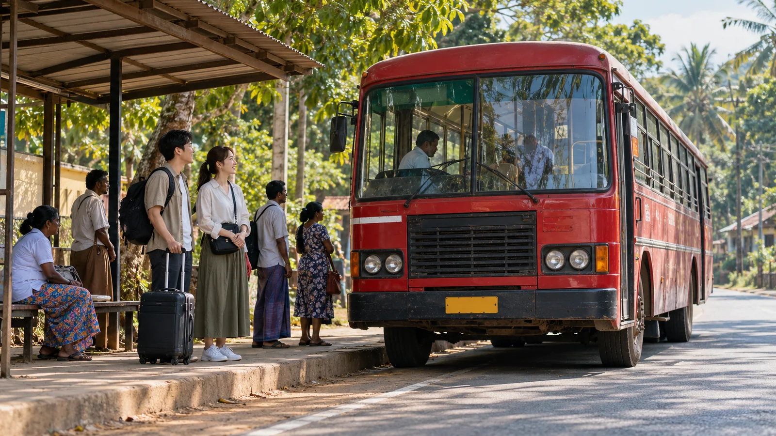 スリランカのバス乗り場で待つ旅行者のイメージ（生成画像）