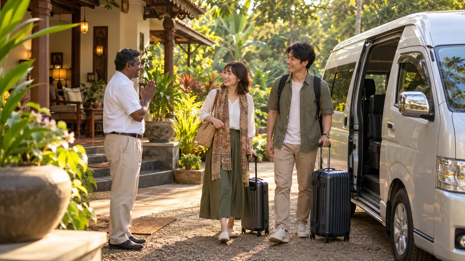 シーギリヤ周辺の宿へ車で到着する旅行のイメージ（生成画像）