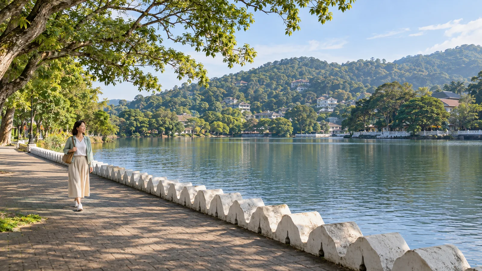 キャンディ湖畔を一人で歩く旅をイメージした生成画像
